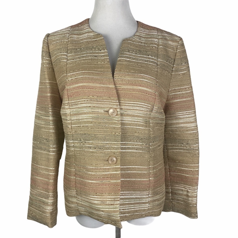 Alfred Dunner Petite Striped Blazer Women's 10P Tan Gold Lined Long Sleeve